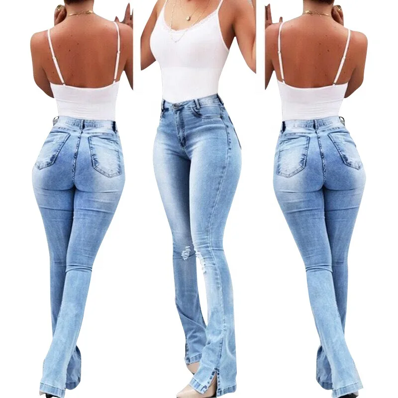2026 Spring New Arrival Women High Waist Stretchy Split Flare Jeans Casual Versatile Streetwear Solid Color Denim Trousers