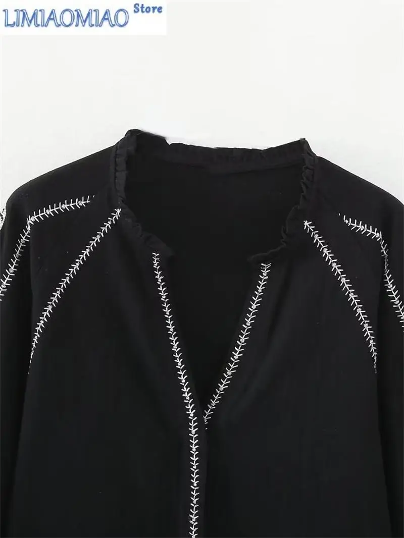 New Spring Ethnic Style Embroidered Lantern Sleeve Black Shirt Women's V-Neck Long-Sleeved Pullover Smock