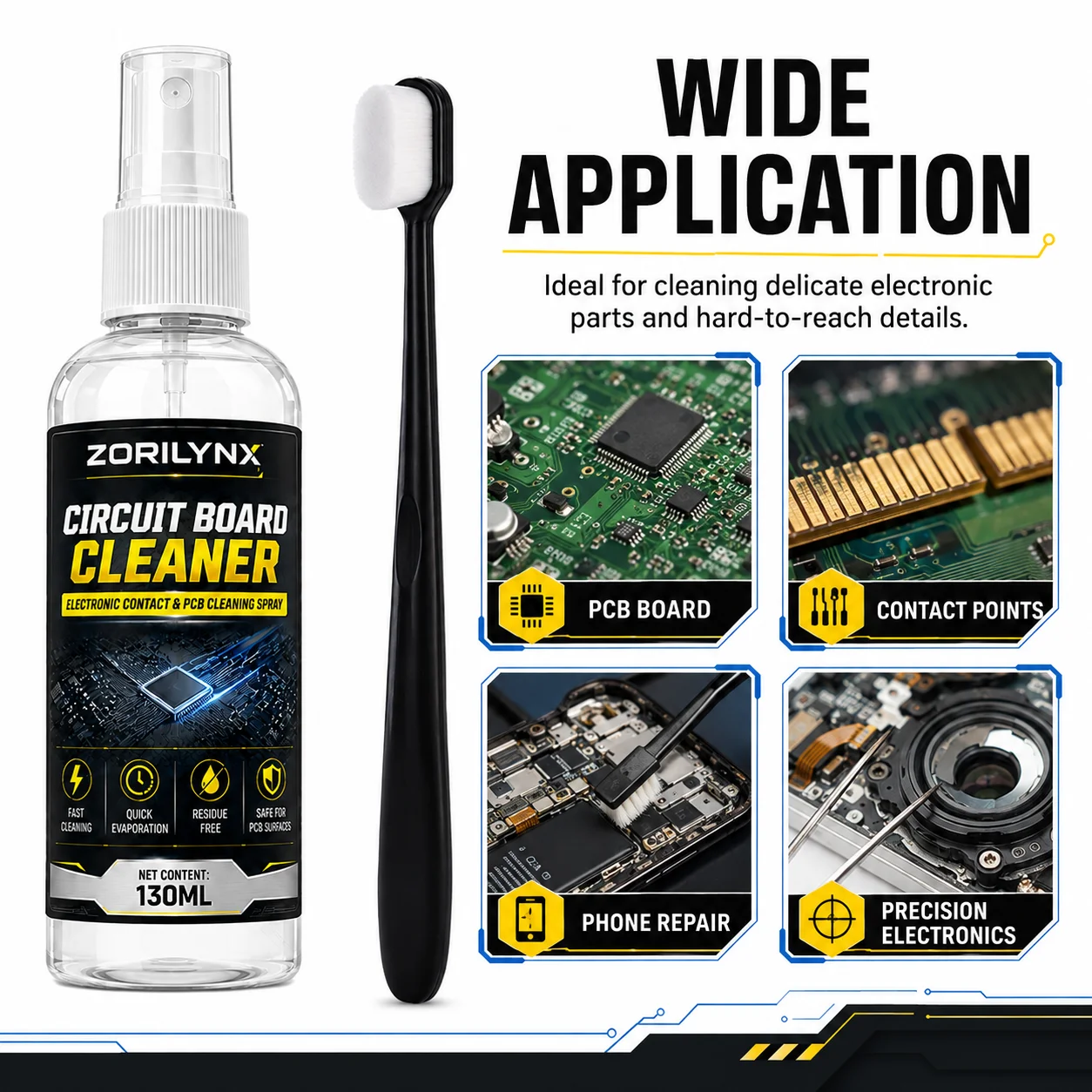 ZORILYNX 130ml Circuit Board Cleaner Kit with Soft Cleaning Brush, Fast-Evaporating Spray for PCB and Electronic Contacts