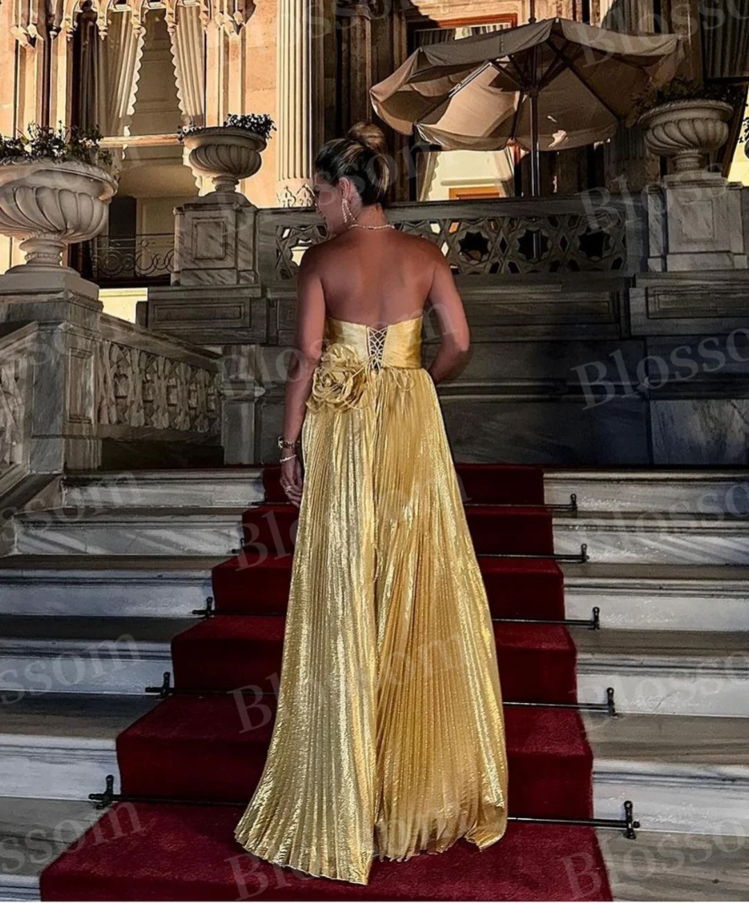 Vestido de noite plissado, Glitter dourado, sem mangas, flor artesanal, vestido de festa dividido, vestidos formais de baile saudita, 2021