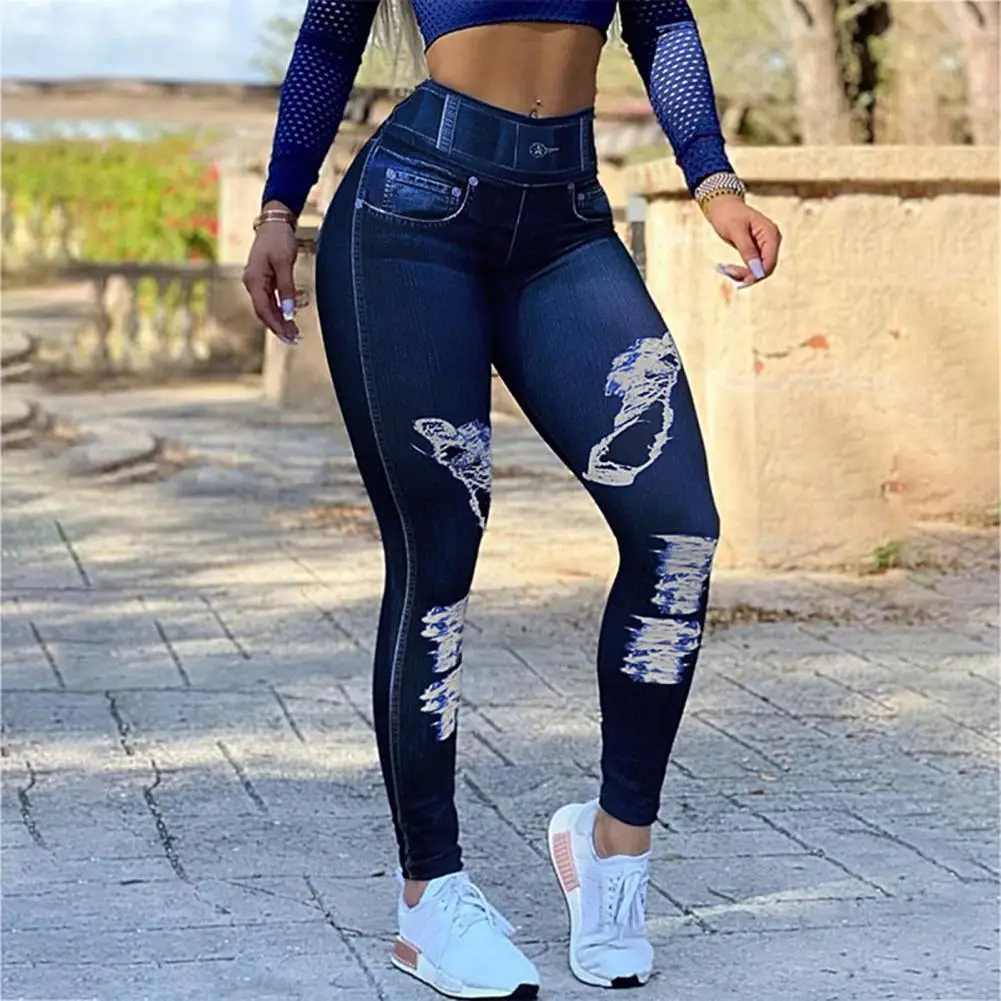 Women Stretch Fitness Leggings Vintage Imitation Jeans High Waist Slim Pants Fashion Sexy High Street Push Up Lady Breeches