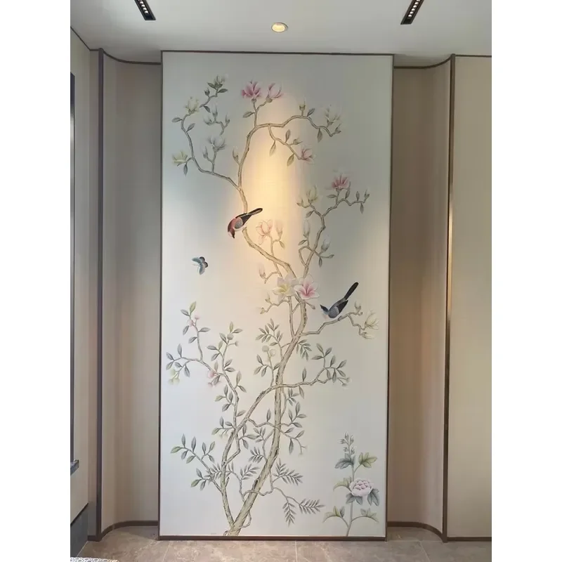 Hand Painted Magnolia Flowers Birds Design Hand Painted Silk Chinoiserie Wallpaper for Living Room
