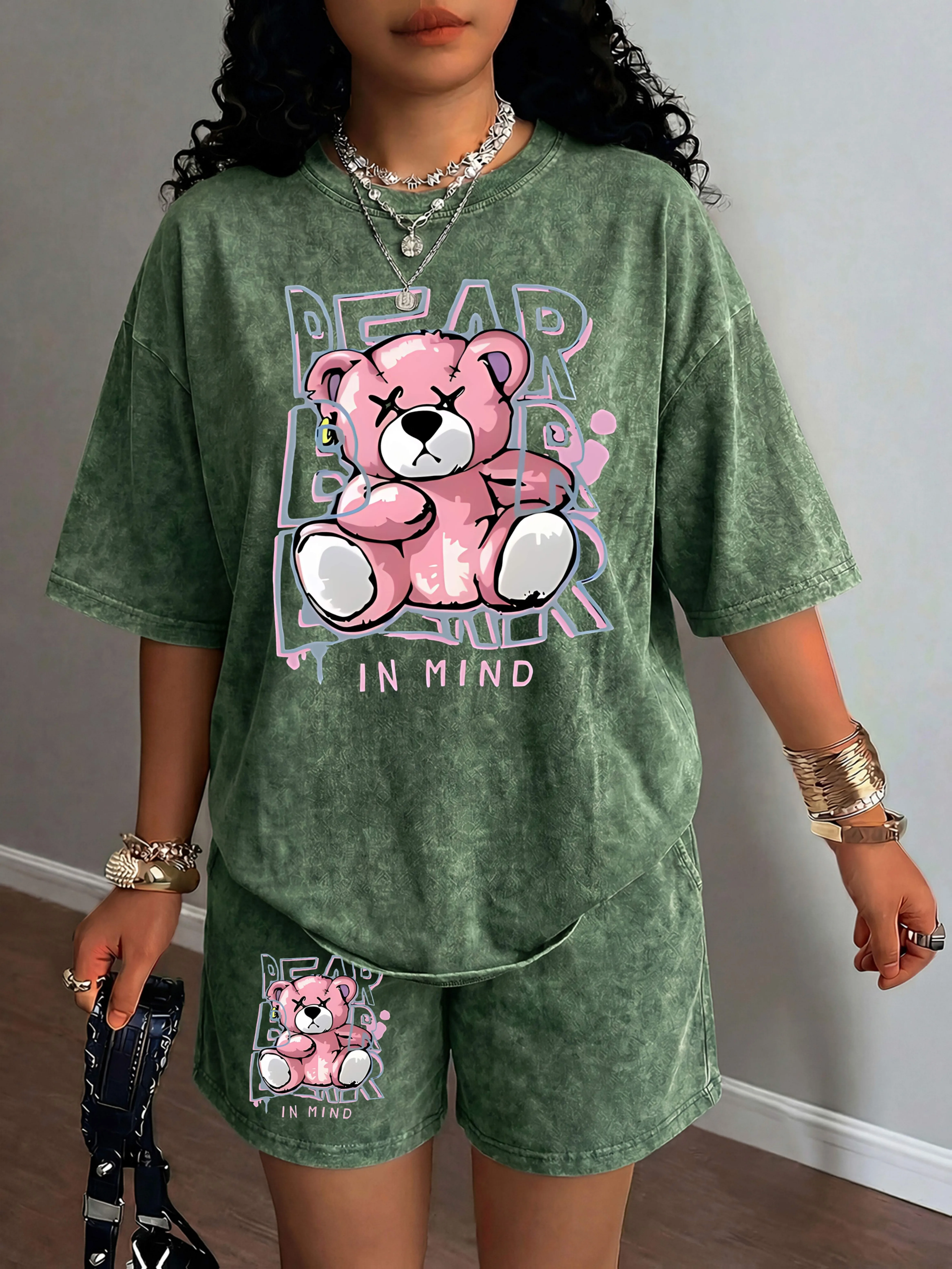 Street Casual Fashion Retro Trend Versatile 2026 Summer New 3D Bear Pattern Printed Women's Short-Sleeved Short Pants Set