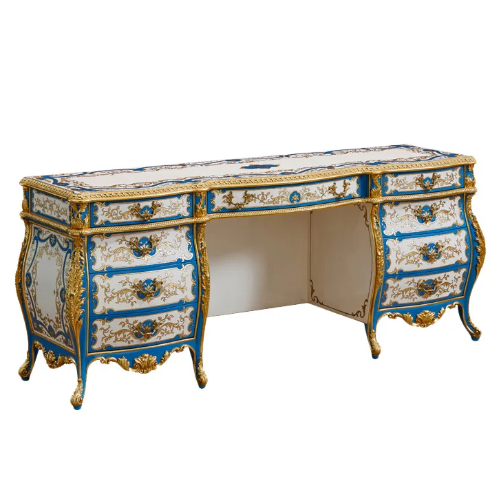 French solid wood dresser, carved painted gold foil desktop vanity mirror villa bedroom chest furniture