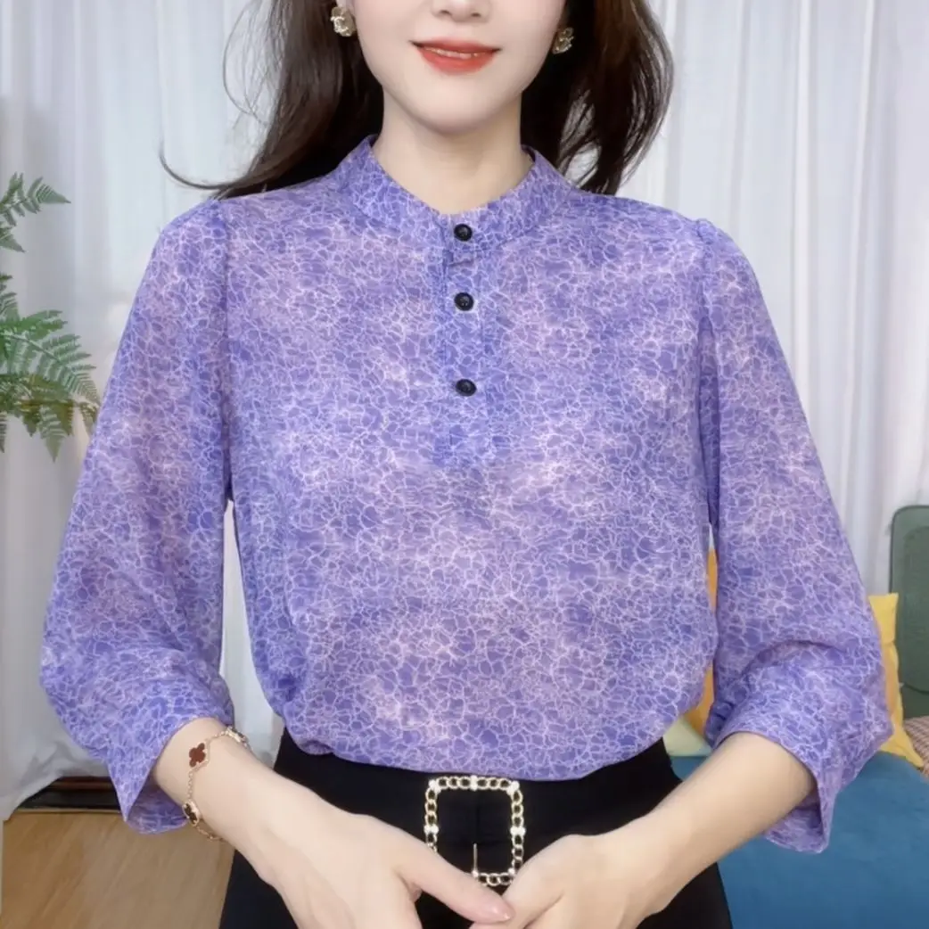 Camicetta floreale in chiffon Camicia estiva da donna con maniche a 3/4 versatile vestibilità ampia e nuovo stile