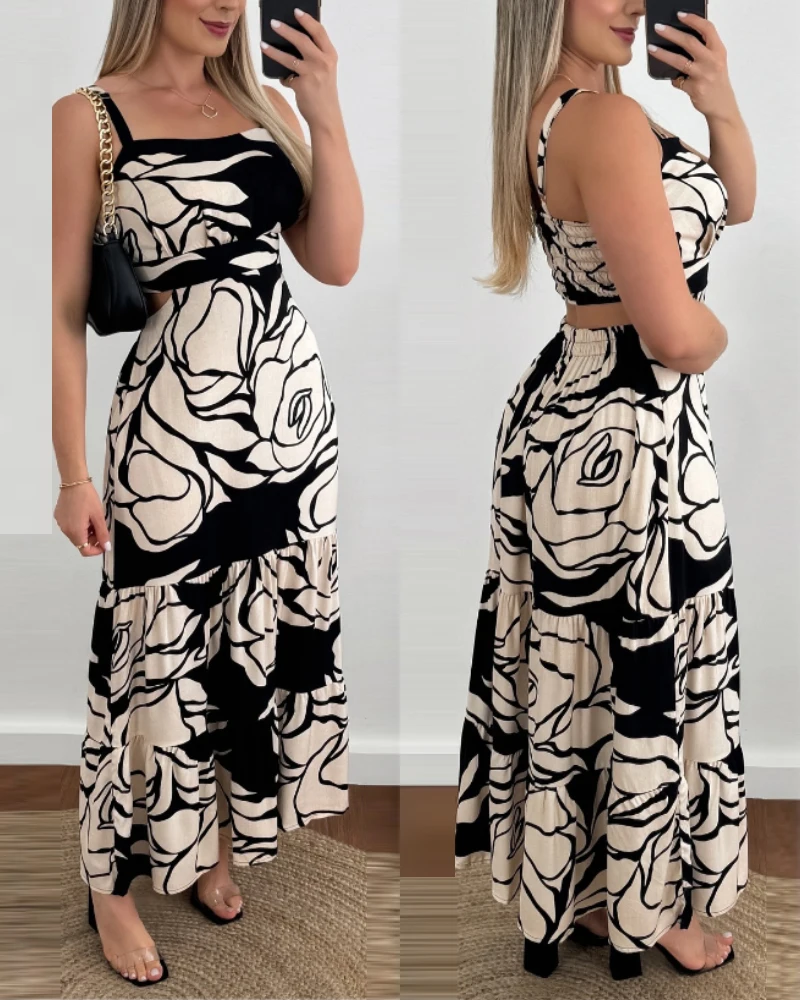 2025 Spring Floral Print Square Neck Sleeveless Backless Dress Casual A Line Maxi Dress