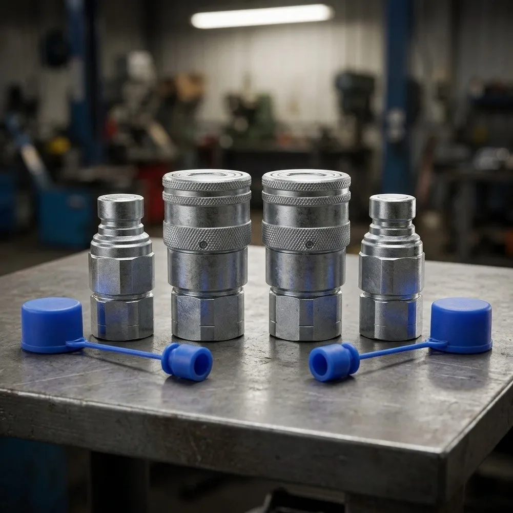 2 Set Carbon Steel Flat Face Hydraulic Quick Connect Couplers with Cap for Skid Steer for loader and Agricultural Machinery