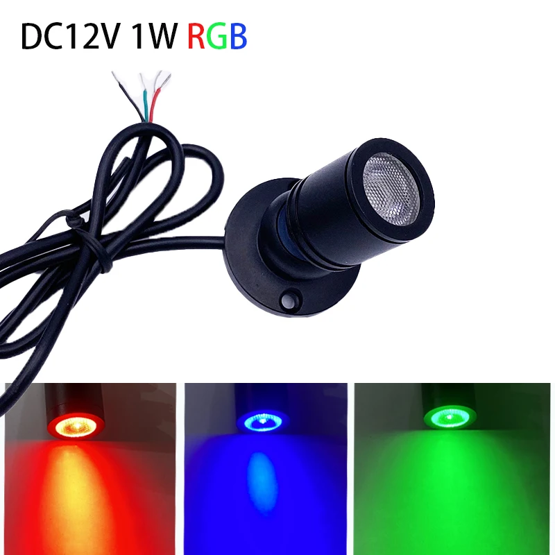 DC12V reflektor LED RGB wystrój pokoju regulowany świecący kolor Mini reflektor sufitowy gablota 1W czarne wykończenie srebrno-biały