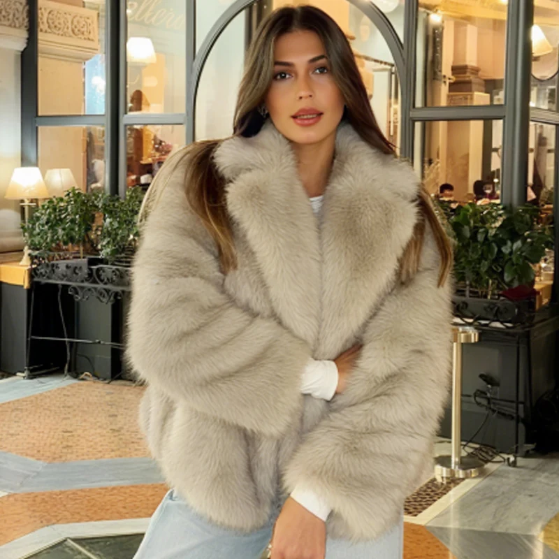 HXAO Faux Fur Coat Women's Jacket Autumn Winter 2025 Elegant Fluffy Red Grey Outerwears Female Plush Cropped Long Sleeve Jackets