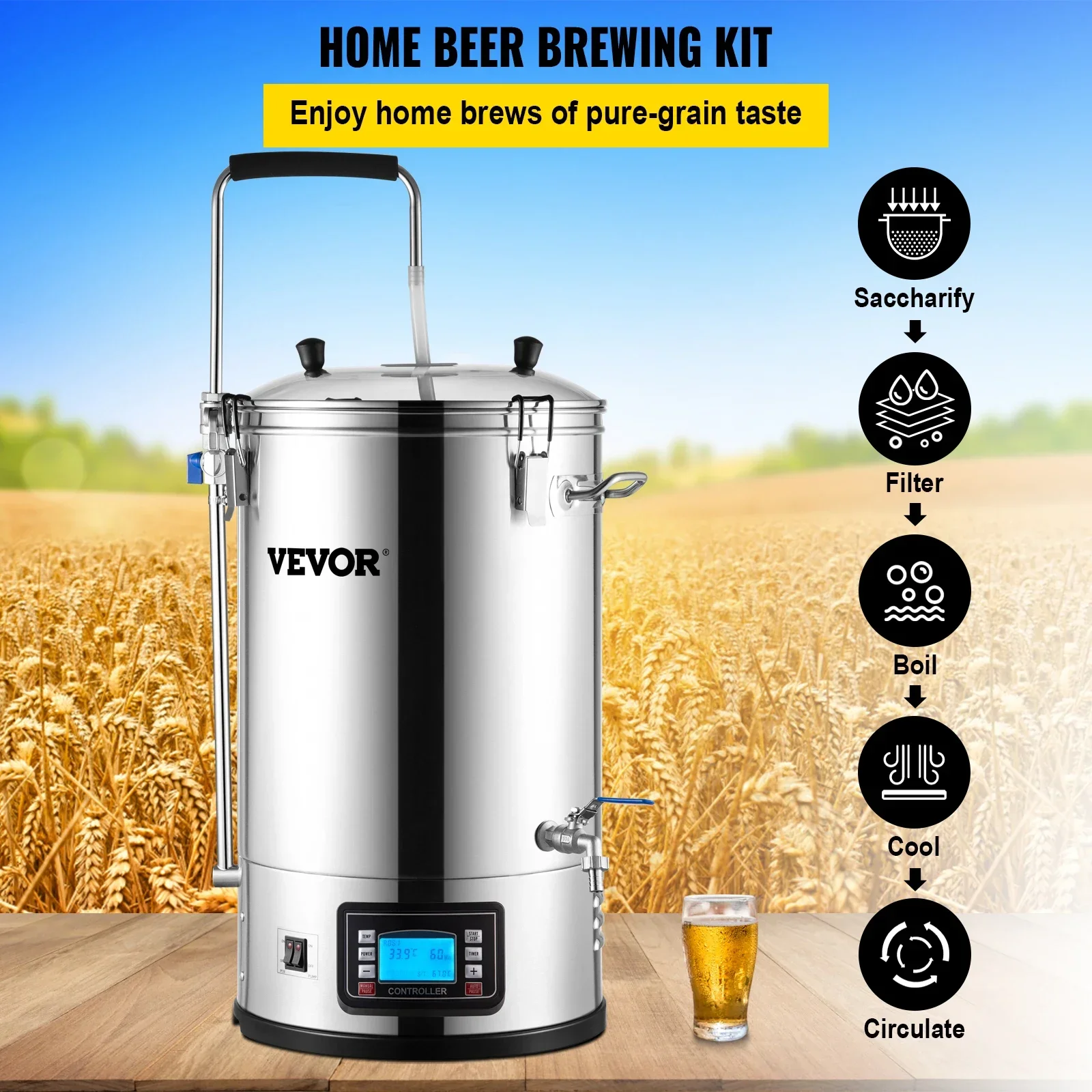 VEVOR-sistema de elaboración de cerveza eléctrica todo en uno de acero inoxidable 304, 35L, con bomba, Kit de equipo para elaboración de cerveza