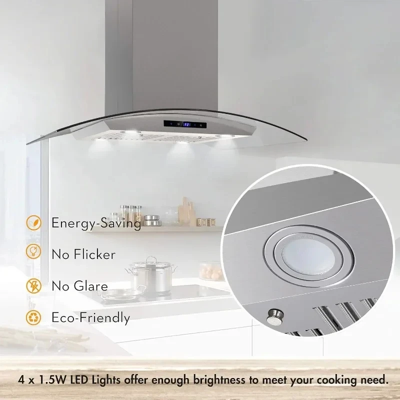 Island Range Kitchen Vent Hood with Tempered Glass,Touch Control,Permanent Filter,Charcoal Filter,Stainless Steel,Ceiling Mount
