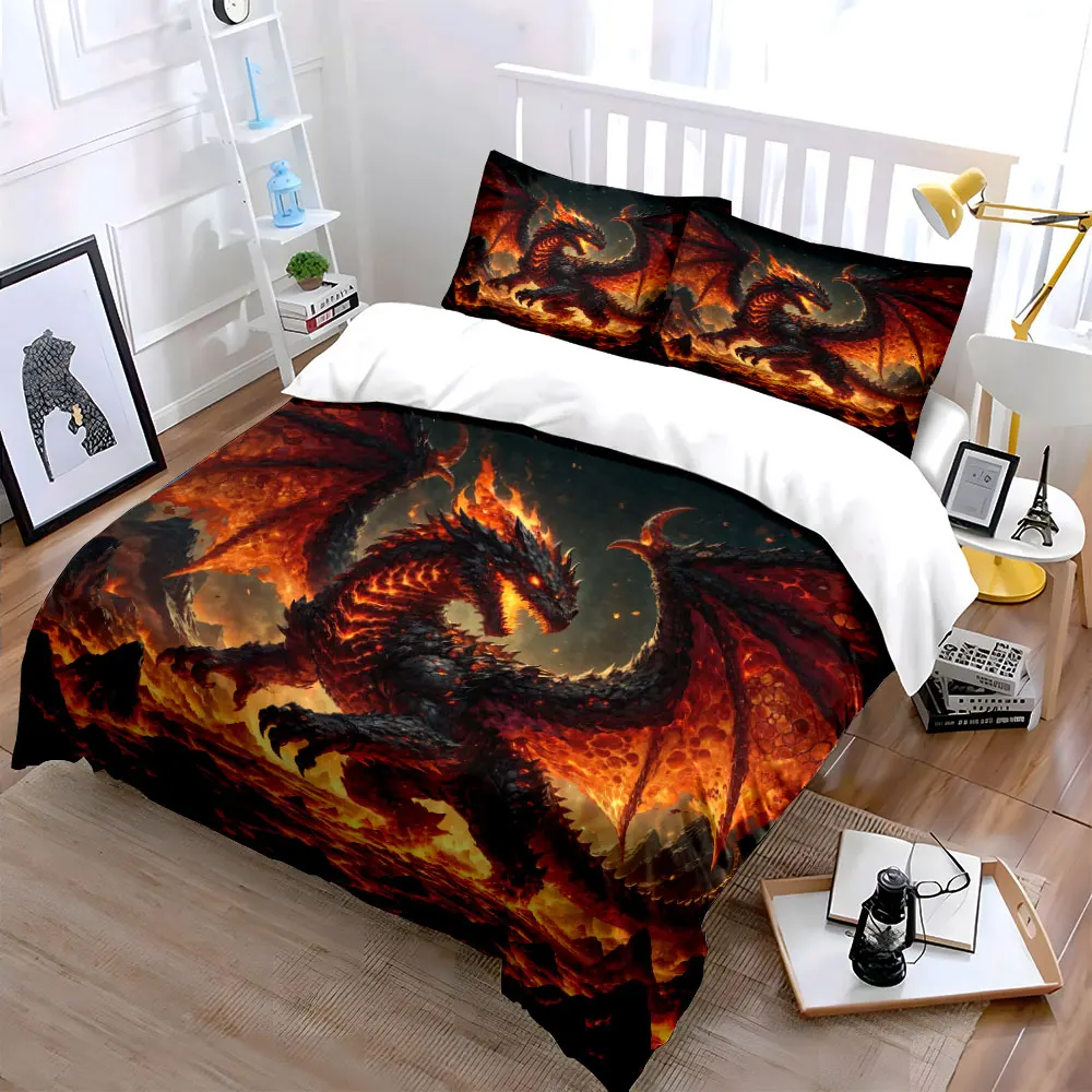 Fiery dragon soaring over lava Bedding Set for Kids Luxury Gift 3pcs Digital Print Comforter Set Soft Comfortable Breathable