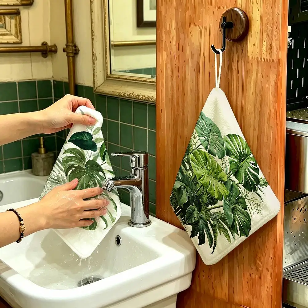Green Botanical Leaves Interior Polyester Cotton Hand Wiping Towel, Hanging Towel, Quick Dry for Bathroom Daily Supplies