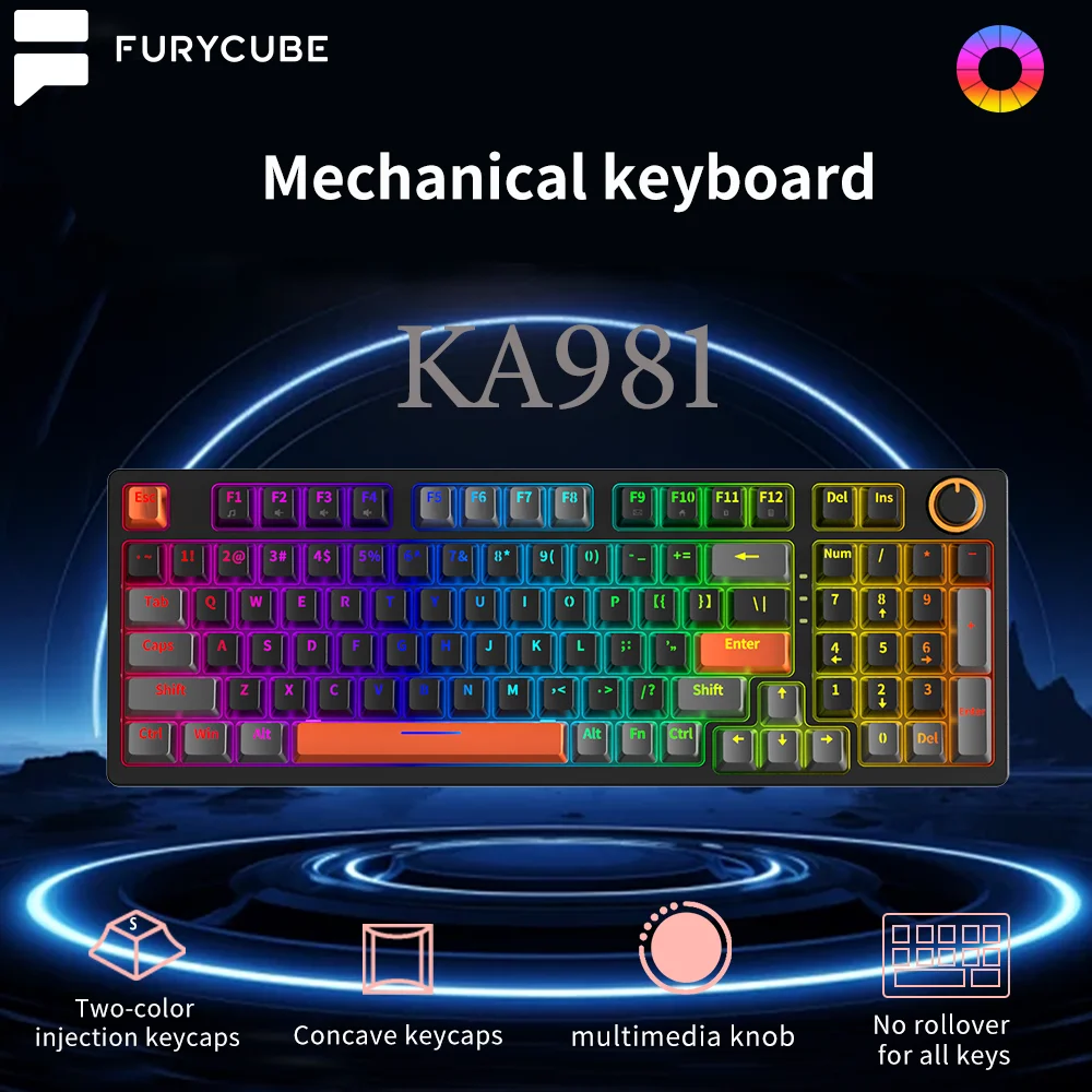 furycube ka981 98 teclas com fio teclado mecanico hotswap interruptor azul led arco iris botao de luz de cores pbt keycap pc gamer escritorio 01