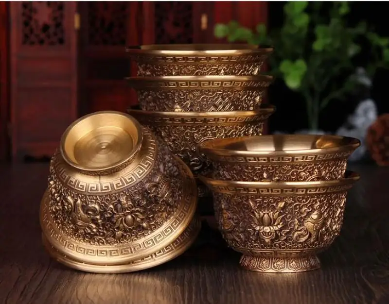 7 pcs Tibet Buddhist Mikky Copper Offering Water Bowl Cup Divine Focus Ritual