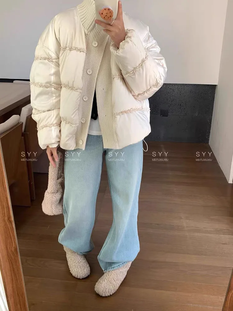 겨울 신상 스탠드 칼라 스플라이싱 니트 다운 재킷 여성용 숏 패션 만능 출퇴근용 두꺼운 따뜻한 코트