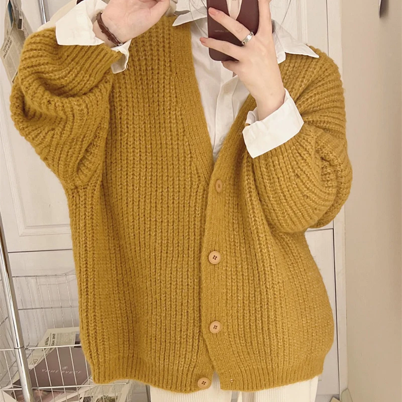 Candy Colors Knitted Cardigan for Women Autumn Winter Long Sleeve Loose Cardigans Woman Chic Lazy Wind V Neck Sweater Coats