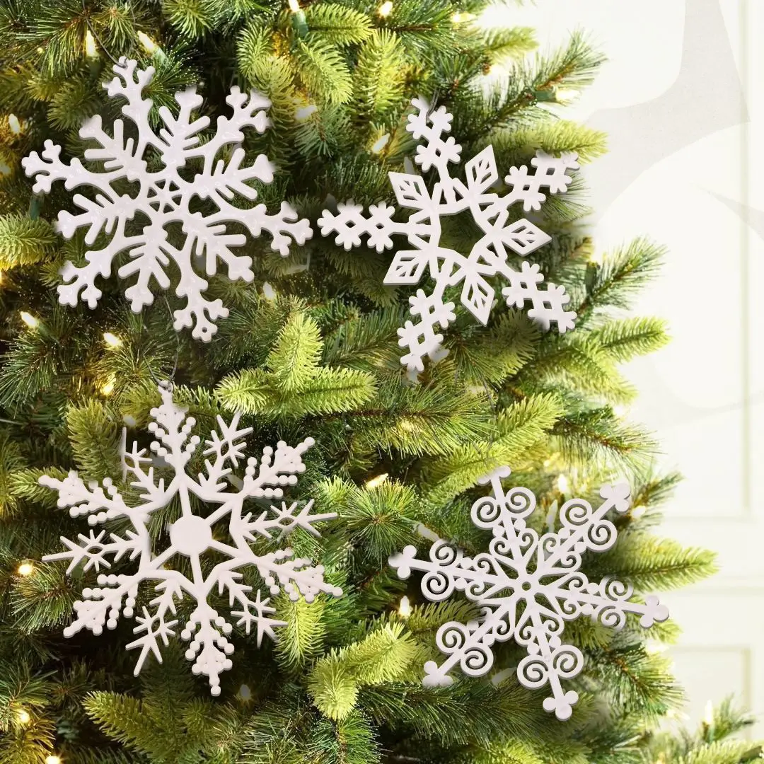 Copos de nieve de plástico blanco, colgantes para árbol de Navidad, decoraciones para ventanas de fiesta en casa, varios tamaños, 1 paquete