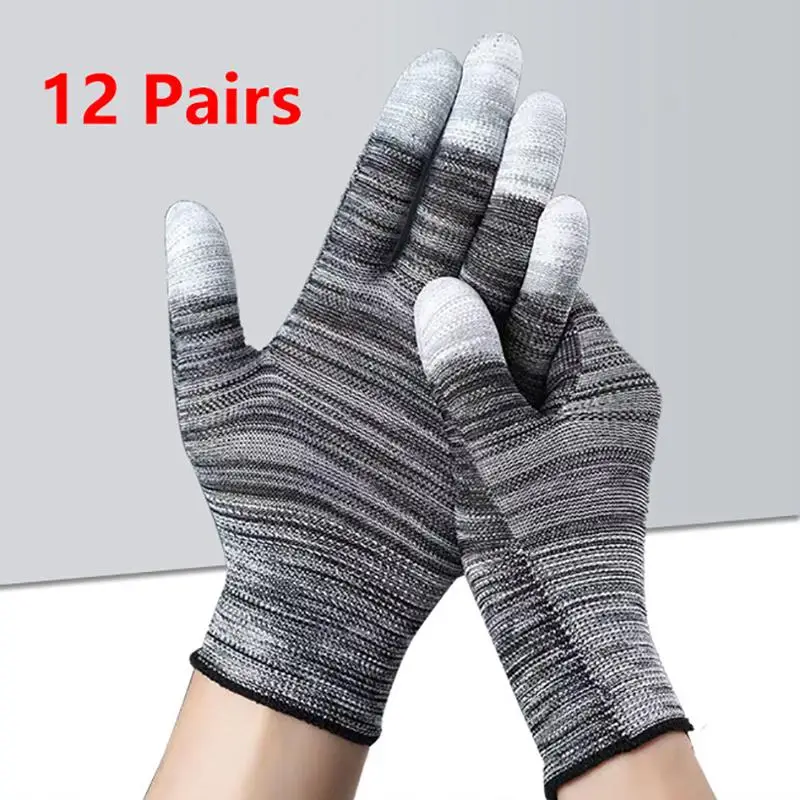 12 pares de guantes envolventes de vinilo para coche, guantes antiestáticos recubiertos de poliéster y PU para la yema del dedo, guantes de trabajo para tinte de ventana sin polvo