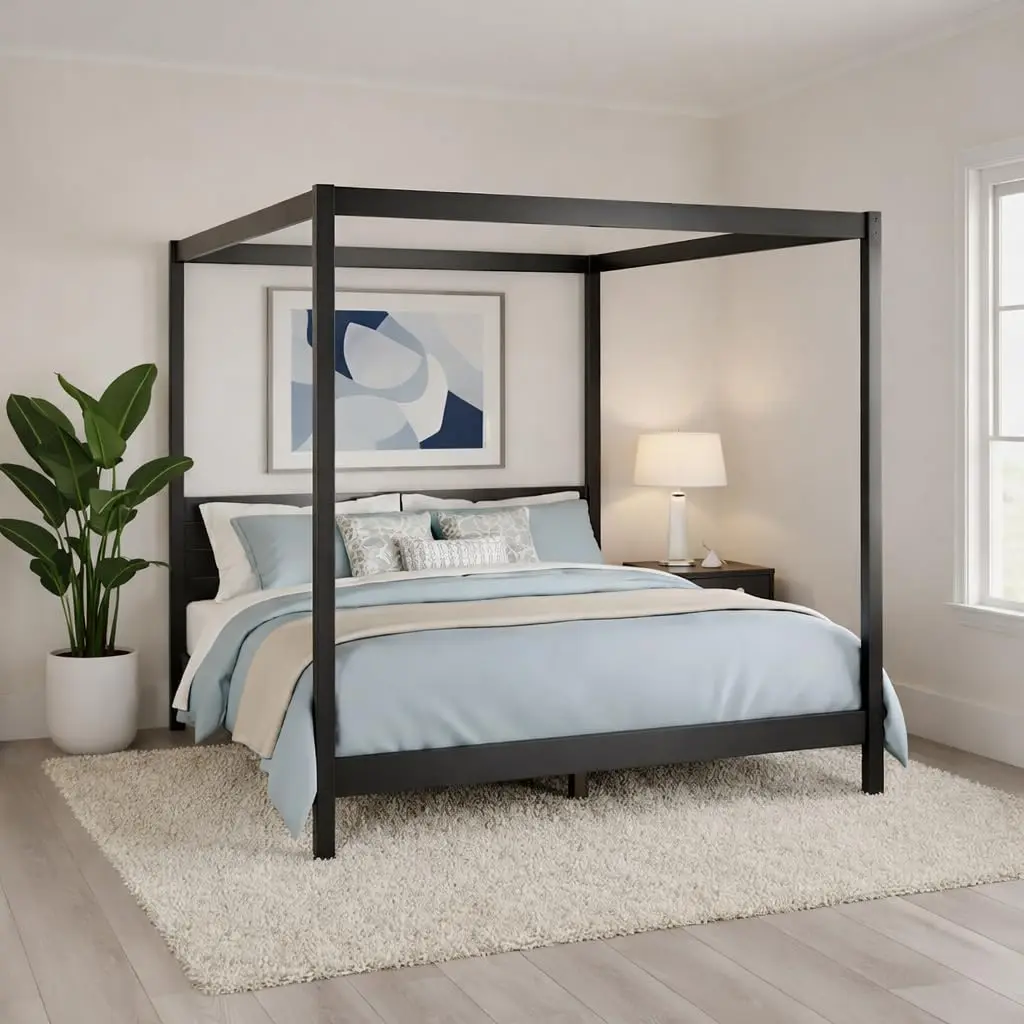 

Solid Pine Canopy Bed, King — 85" L x 80" W x 79" H — Matte Black Painted Finish — Slatted Headboard, No Box Spring, Custom