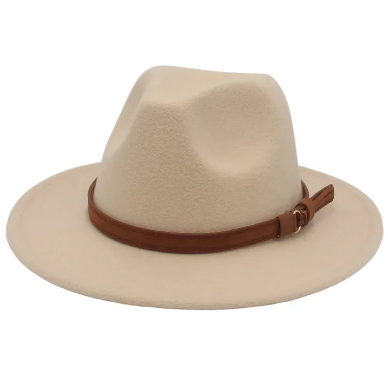 Sombreros Fedora con cinturón marrón clásico para hombre y mujer, sombrero de fieltro de Jazz para caballero, sombrero de vestir de ala ancha plana