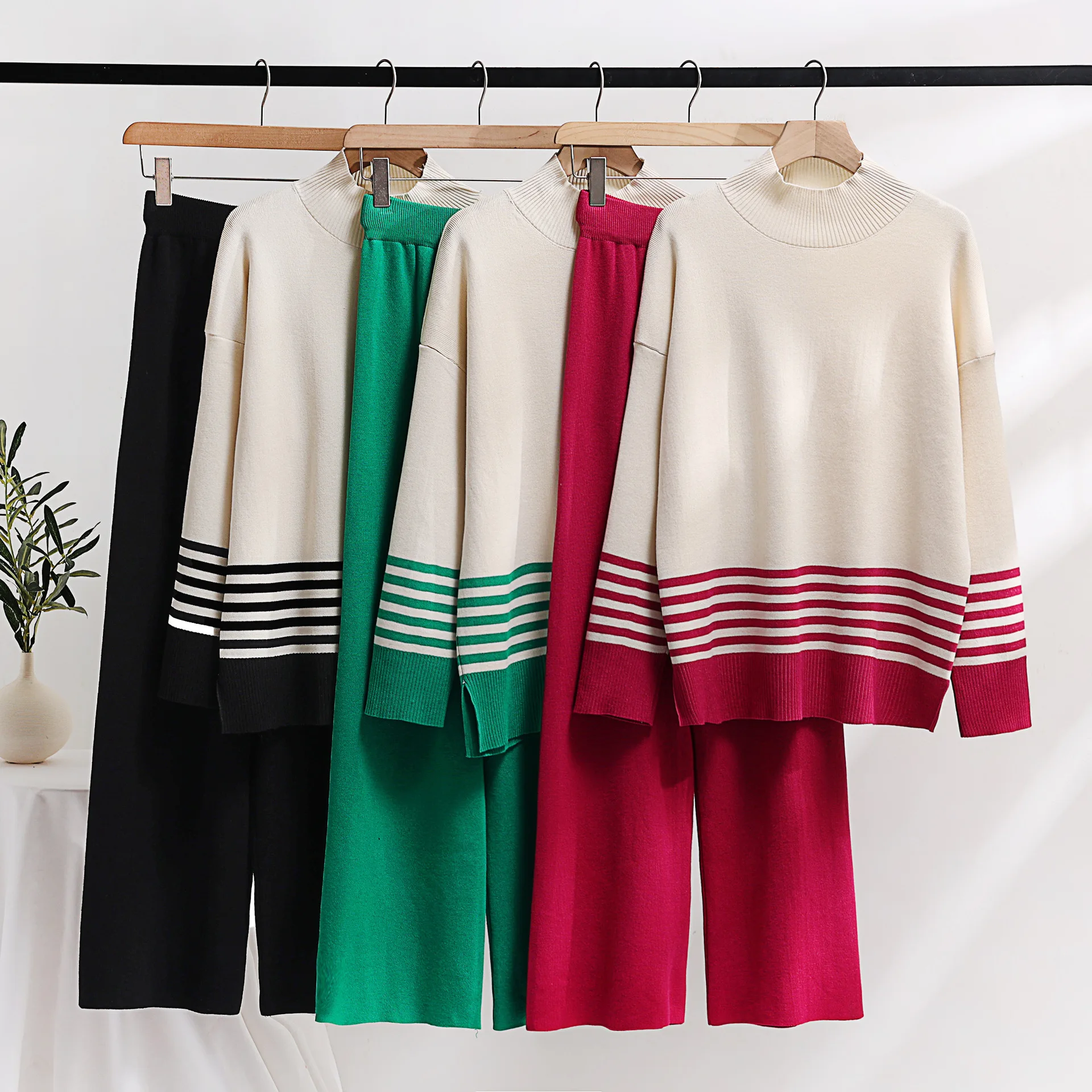 Knitted Two Piece Women Sleepwear Sets Winter Women Knit Suit Striped Turtleneck Sweater Home Suit 2 Piece Pants Sets for Women