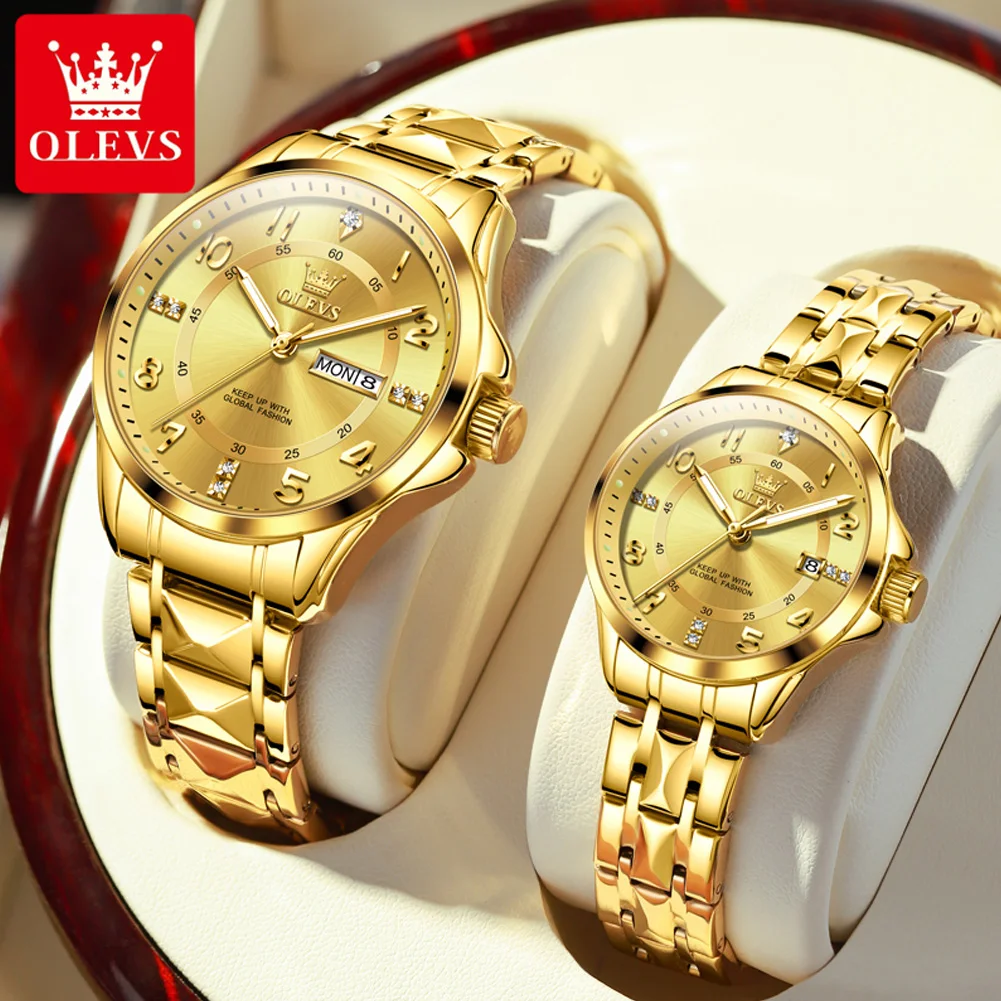 OLEVS Premium Couple Watches Luxury Elegant Business Gold Steel Strap Fashion Quartz Wristwatch Valentine's Gifts Box For Lover