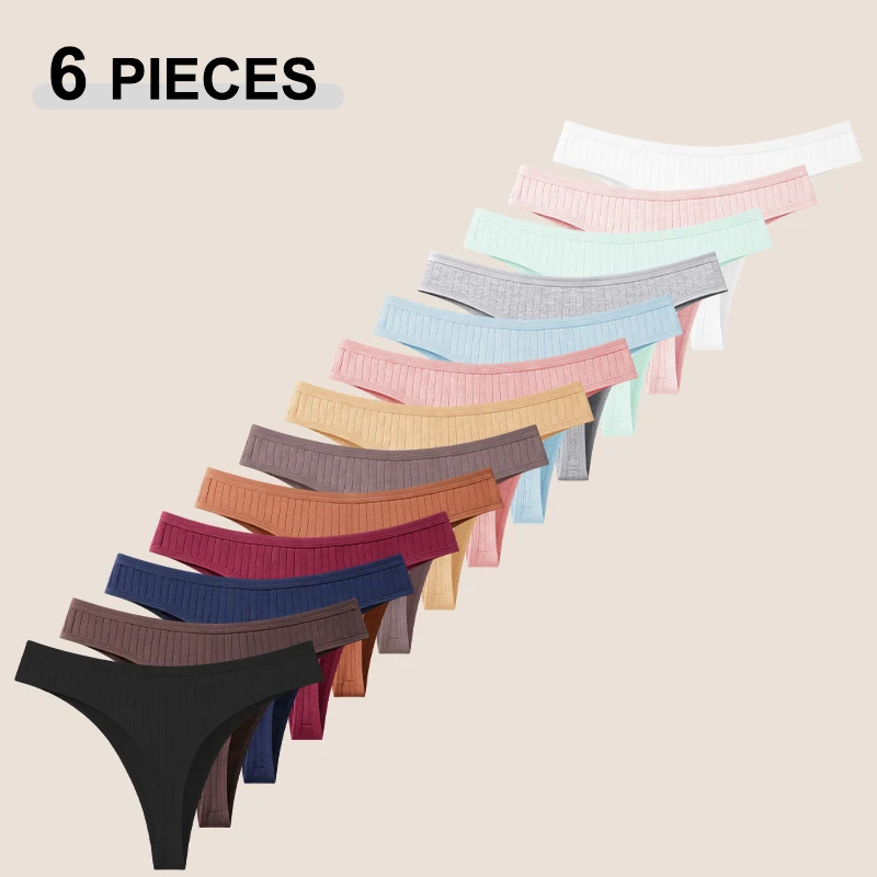 Conjunto de 6 peças de calcinhas de algodão sem costura para mulheres, sexy, cintura baixa, cor sólida, G-string, roupa íntima feminina, respirável e canelada.