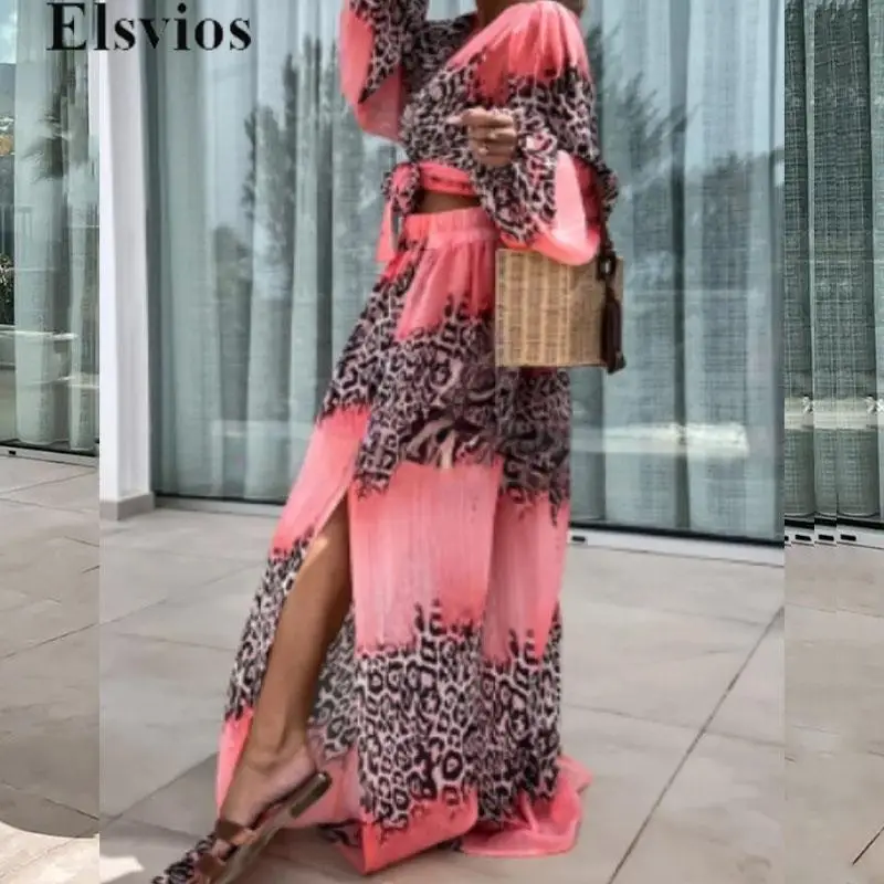 

Elegant 2024 V-neck Long Sleeved Shirt Tops&Slit Pants Beach Suit Women Sexy Graphic Navel Vacation Outfit Casual 2Pcs Loose Set