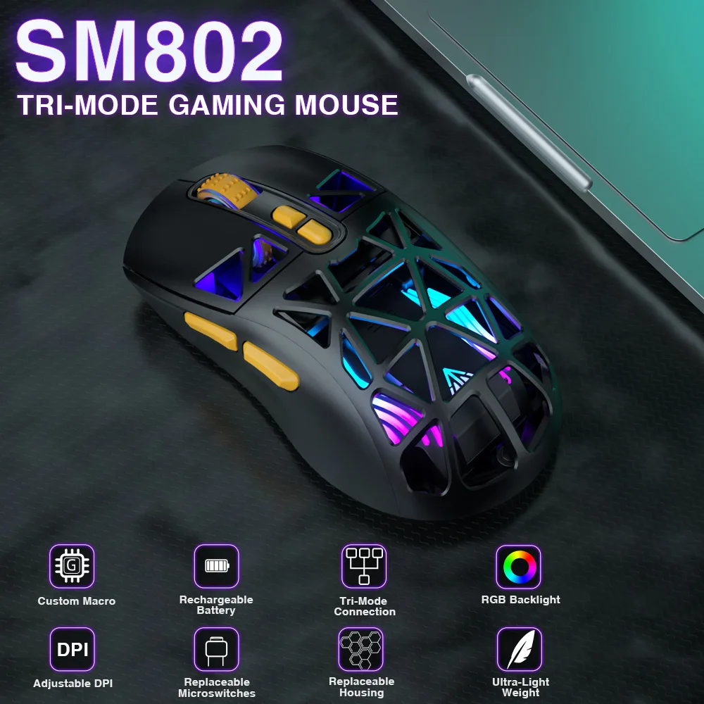 Tri-mode Game Mouse RGB Lighting Macro Programming Removable Back Cover Rechargeable Light Weight Design Play Gaming Mause