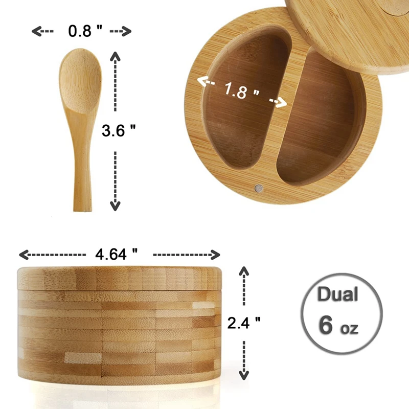 Spice Jar Seasoning Box With Swivel Lid Bamboo Salt Cellar And Spoon, 2-Compartment Pepper Bowls,Dual 6 Oz
