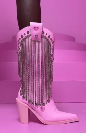 

Pink Crystal Tassels Cowboy Boots Women Chunky Heel Glitter Gem Pointed Toe Knee High Boots Luxury Designer 2023 New Shoes