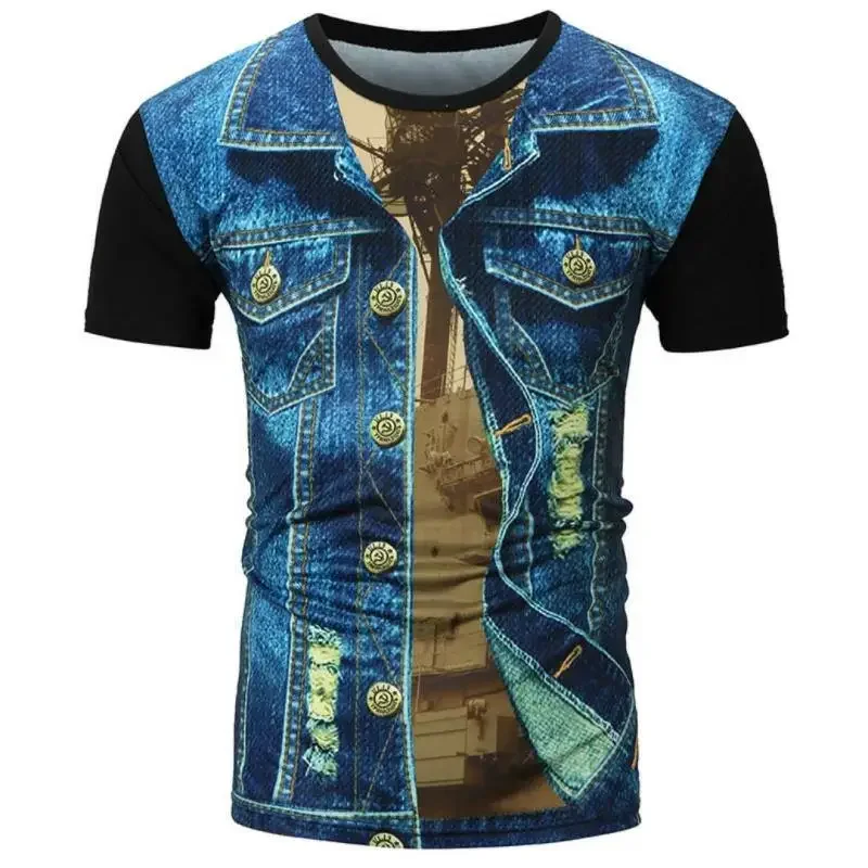 Fun Denim Eagle Men's Suit, 3D Printed Punk Rock Leather Jacket, Retro, Summer Trend, Hip-hop, Round Neck Short Sleeved T-shirt