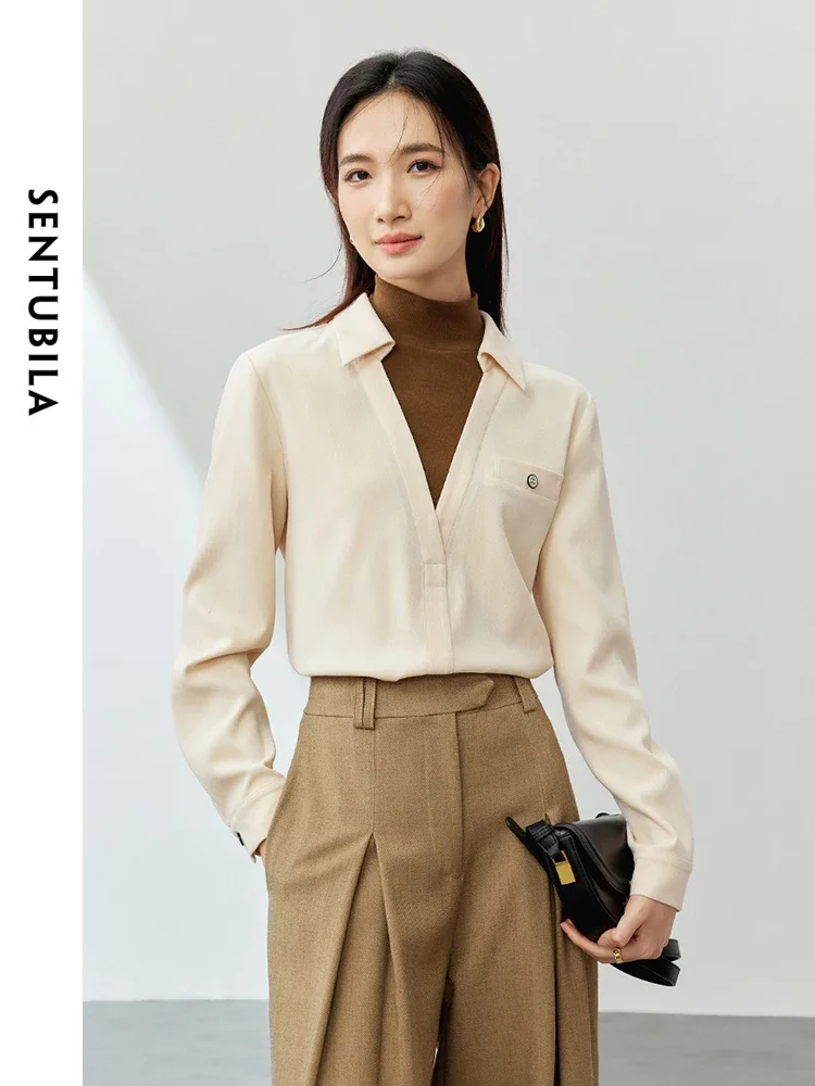 SENTUBILA 2 in 1 Women's Blouse Long Sleeve Tops 2025 Spring Fashion Half High Collar Casual Blouse Womens Clothing 134C52604