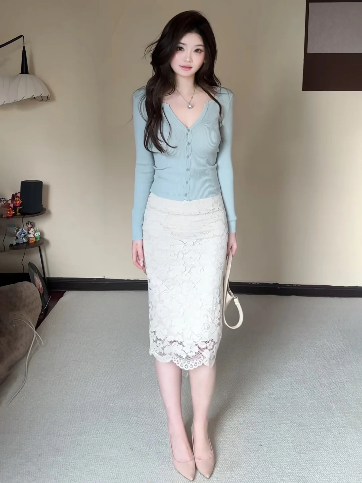 

Элегантная женская юбка миди в корейском стиле с кружевом и высокой талией, деловая офисная юбка до колена для утонченного образа