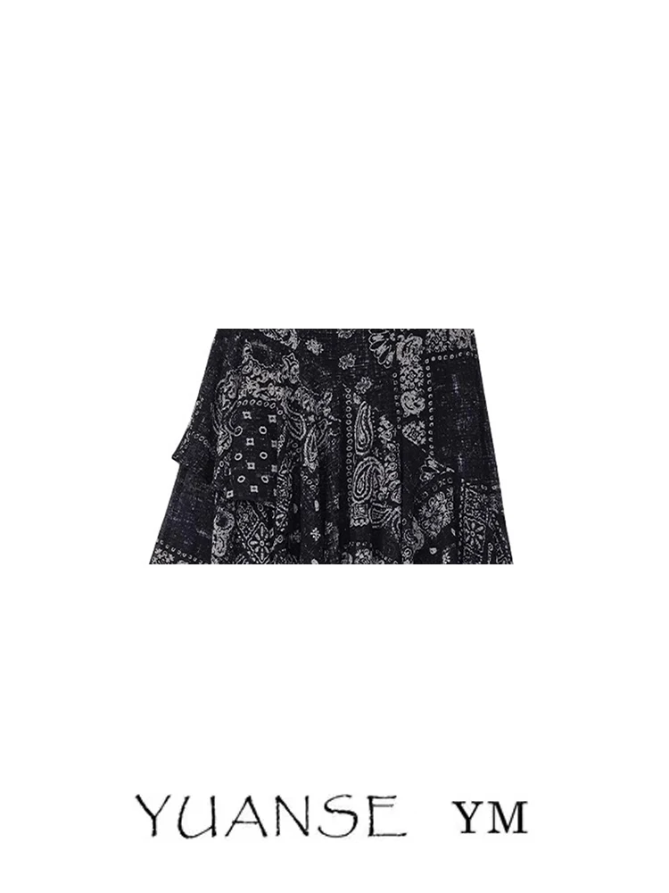 빈티지 페이즐리 프린트 미디 스커트 다용도 레트로 비대칭 A라인 여성 스커트 중간 허리 일상복 기타 소재