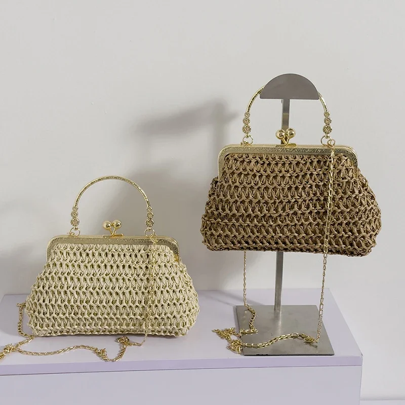 Torebki damskie 2023 Summer Beach Straw Bags Exquisite Gold Chain Party Banquet Purse Hand Woven Handbag Female Clutch Bag