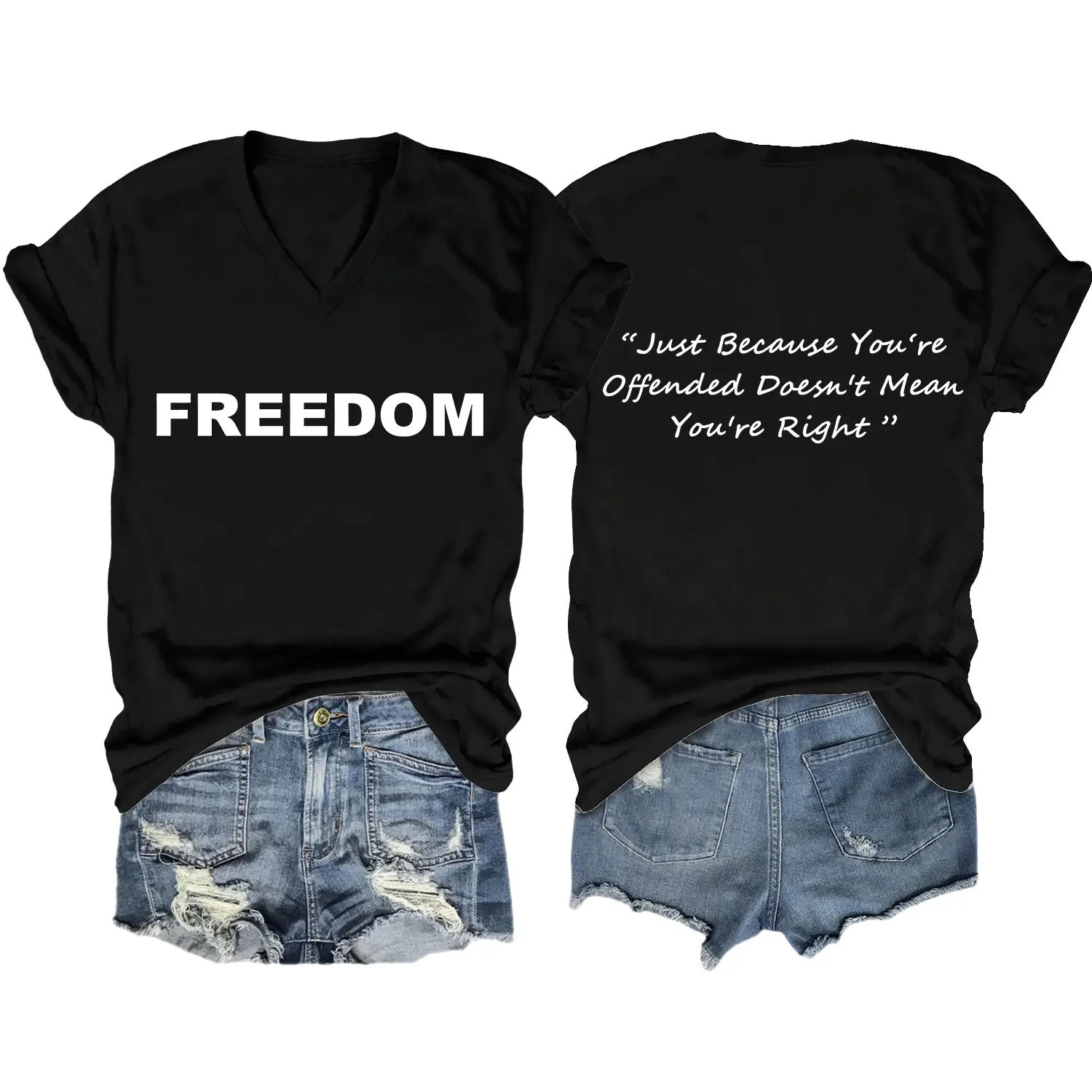 

Summer V-neck front and back printed short-sleeved T-shirt for women - stylish American retro top design