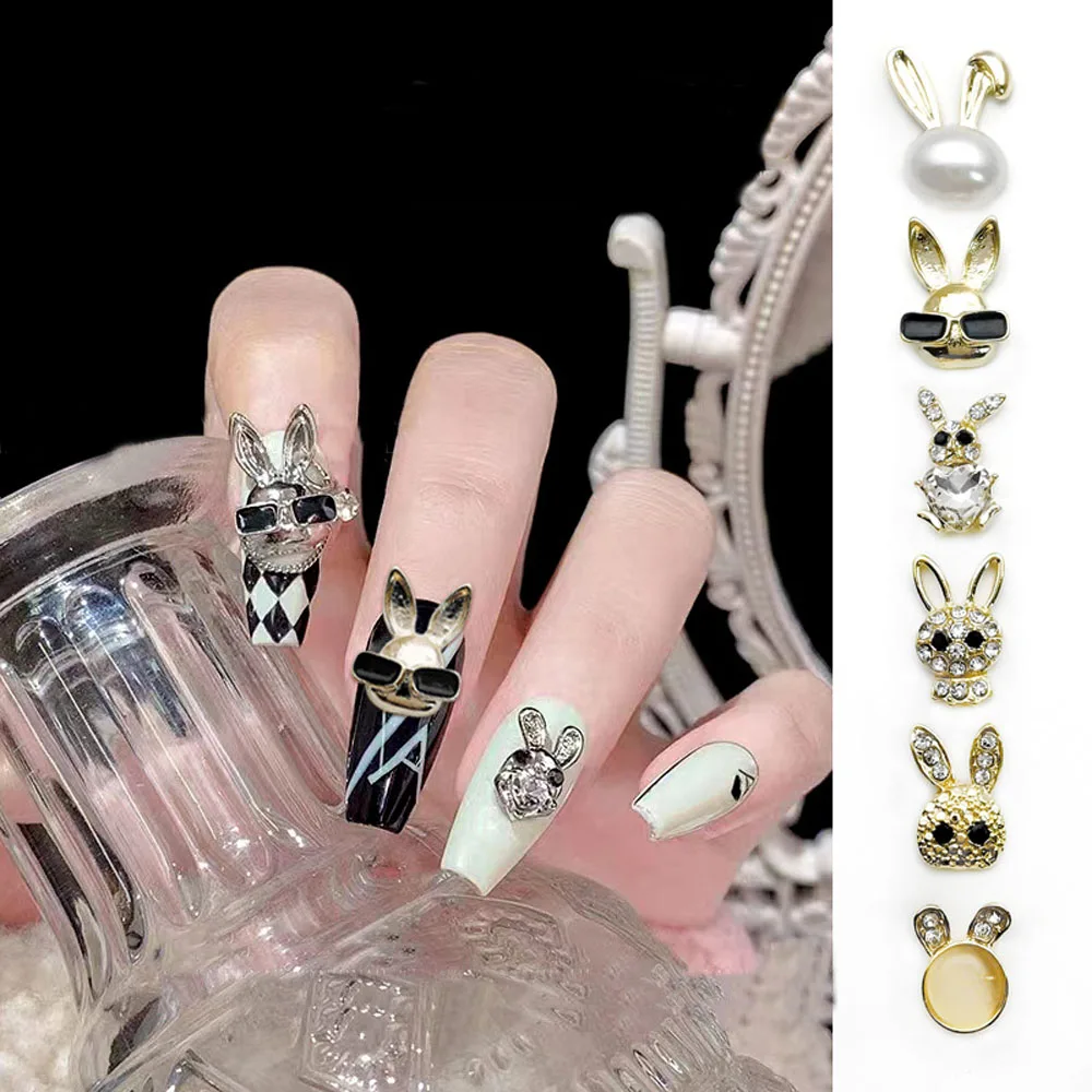 

10 pieces 3D Alloy Bunny Nail Art Charms Rhinestone Parts Cat's Eye Sunglasses Pearl Cute Rabbit Head Supply Luxury Decoration