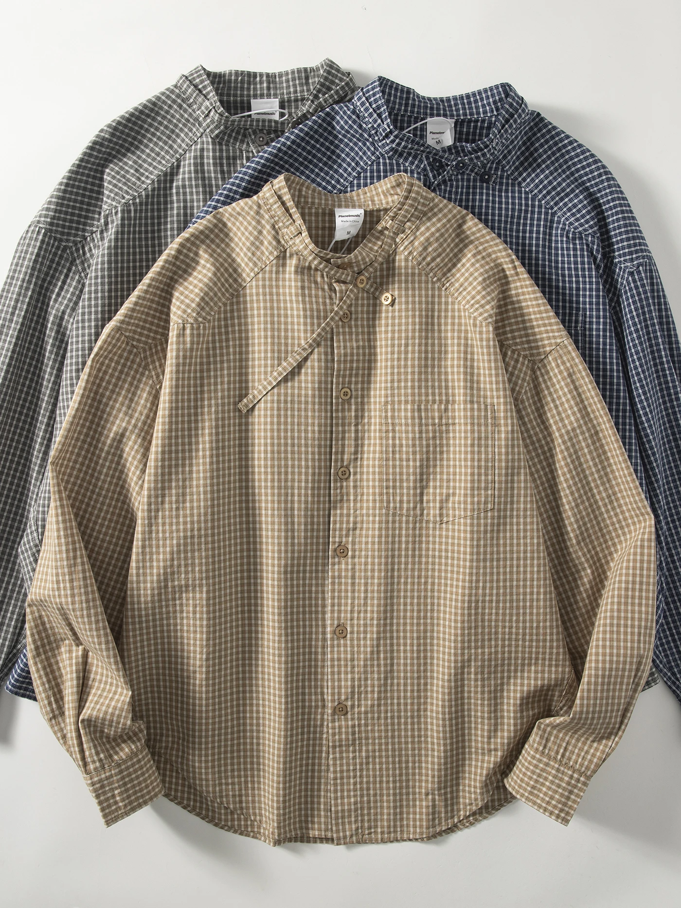 

Plaid irt Casual Loose Long Sve Stand Collar Couples Sle Spring 2026 Retro Japanese Loose Fit Trendy Cotton