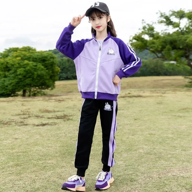 

4-16Y Girls Sets Spring and Autumn Patchwork Sports Zipper Jacket Casual Pants Two Piece Set Children's