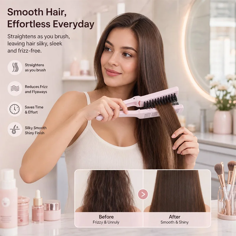 Hair Straightening Comb Set V‑Shape Clamp Hair Styling Comb Anti‑Scald Smooth Frizz‑Free Hair Brush Home Salon Hairdressing Tool