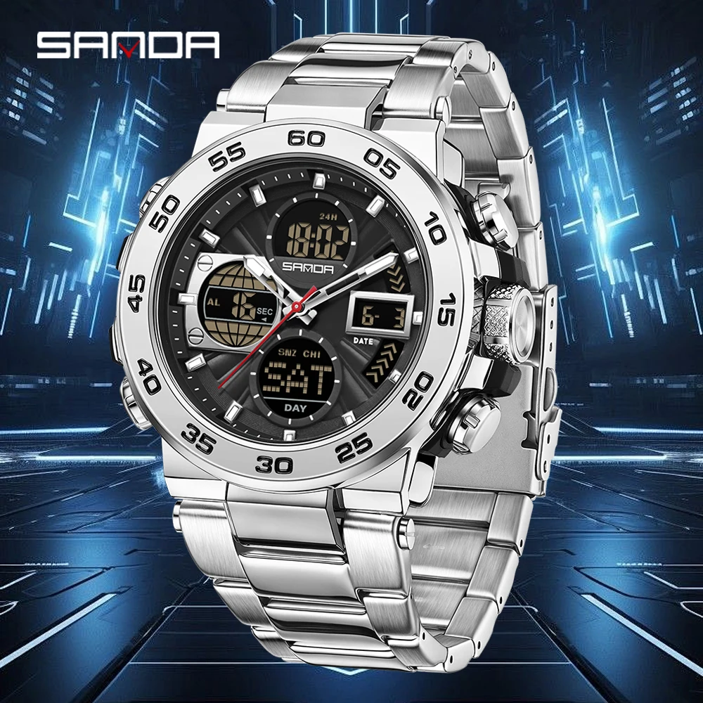 SANDA 6312 New Steel Strip Sports Watch Dual Display Dual Movement 5ATM Waterproof Multi functional Men's Electronic Watch-1