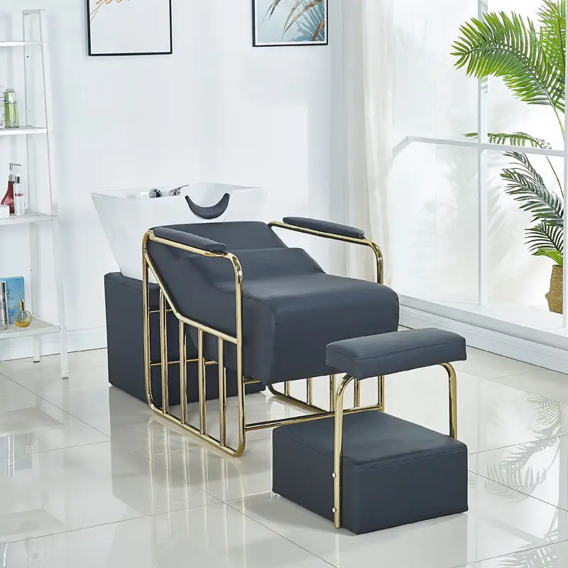 Lmm Barber Shop Semi-reclining Shampoo Bed Barber Shop Flush Bed Reclining Chair Light Blue