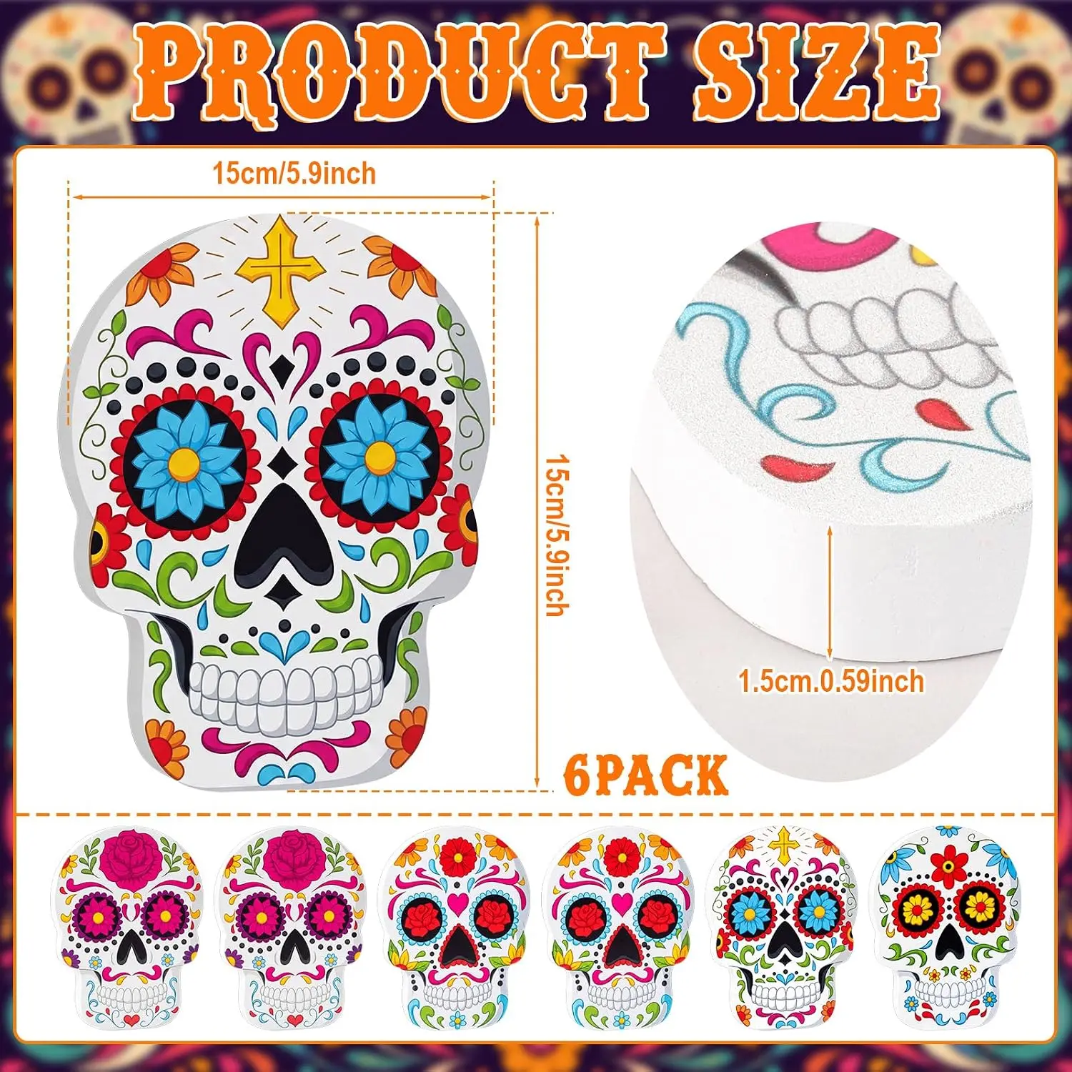 6 Pcs Wooden Sugar Skull Table Decor Day of Dead Party Decor