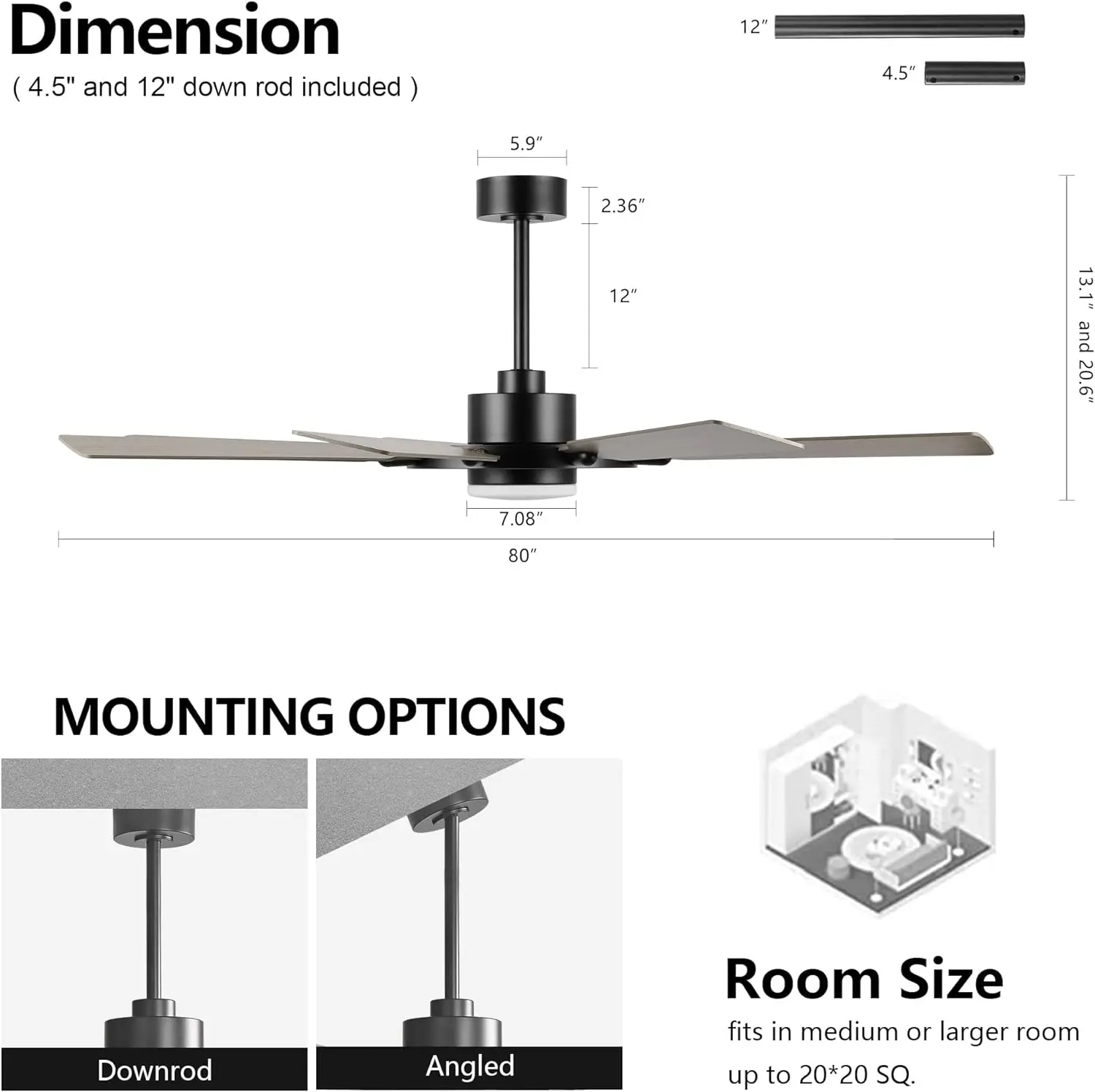 60 Inch Ceiling Fan with Lights and Remote Control, Wood 8 Blades 6-Speed Noiseless Reversible DC Motor,