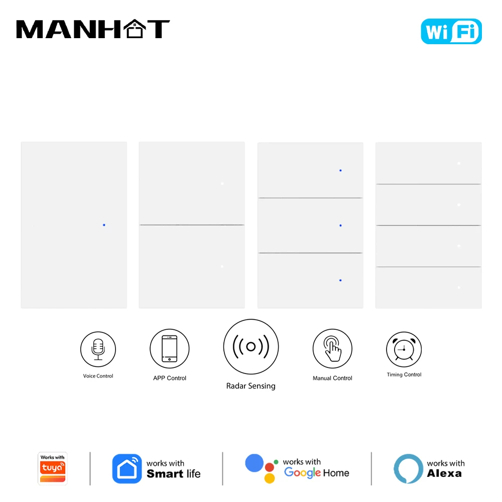 MANHOT Wifi Smart Switch US Push Button Neutral Wire Required Switch 1-4 Gang APP Control Work with Smart Life Alexa Google Home