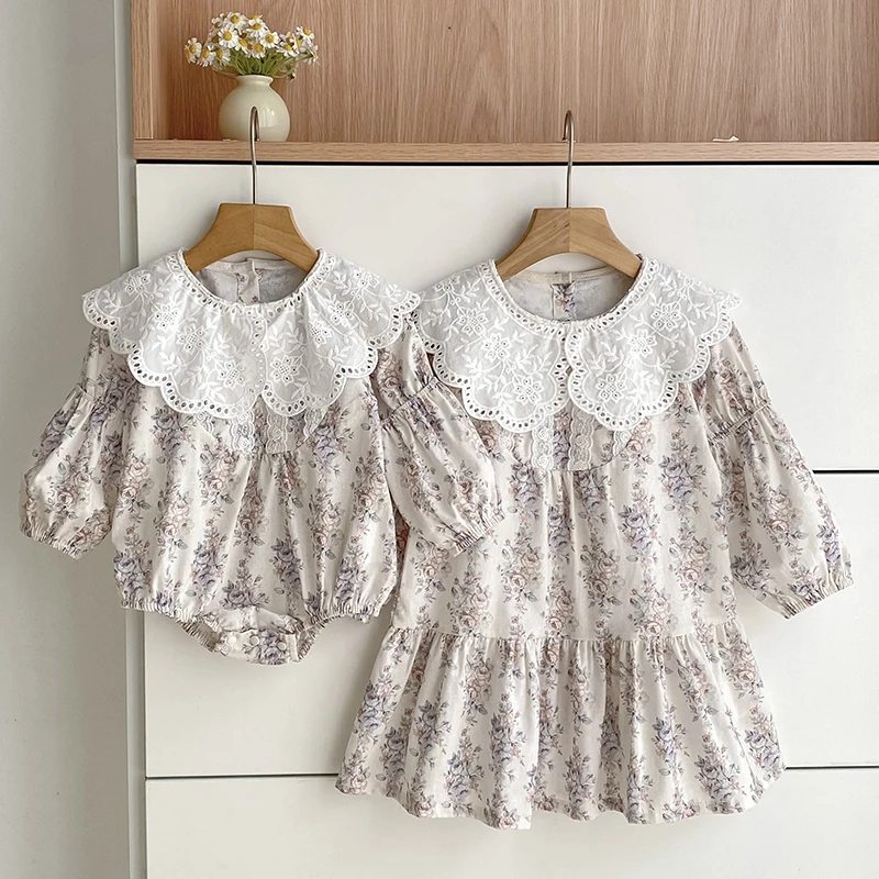 Autumn Sister Clothes Baby Romper Dress 0-6Yrs Princess Dress Girls Lace Collar Flower Korean Clothes Princess Sisters' Dresses
