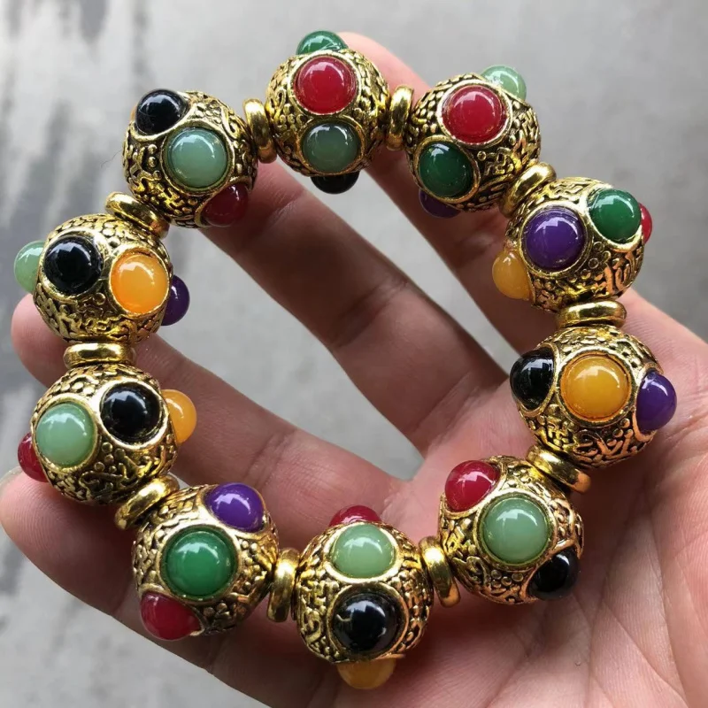 Vintage Ethnic Style Tibetan Silver Inlaid Seven-Color Gem Multi-Treasure Bracelet Bracelet Ornament Men's and Women's Miao Silv