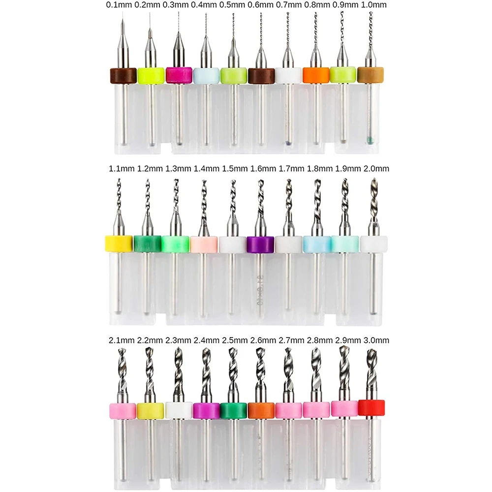 ชุดดอกสว่านเจาะ PCB 30ชิ้นขนาด0.1-3.0มม. ก้านขนาด1/8นิ้วสำหรับแกะสลัก CNC แผงวงจรการพิมพ์